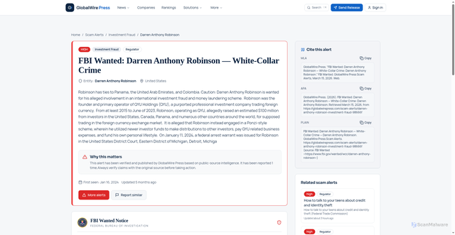 Security scan screenshot of https://globalwirepress.com/scam-alerts/darren-anthony-robinson-investment-fraud-98666f