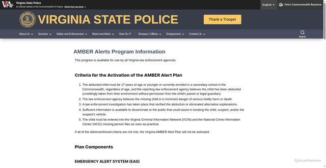 Security scan screenshot of https://vsp.virginia.gov/active-alerts/amber-alert/