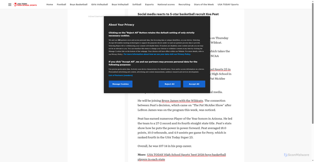 Security scan screenshot of https://www.usatodayhss.com/story/sports/high-school/boys-basketball/2025/03/27/koa-peat-university-of-arizona-basketball-commit/82690406007/