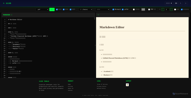 Security scan screenshot of https://1135-github-io.pages.dev/sites/markdown2pdf/index.html