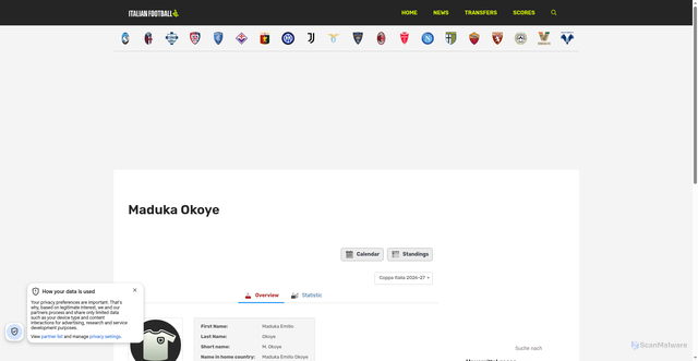 Security scan screenshot of https://italianfootball24.com/player/maduka-okoye/?sid=24171