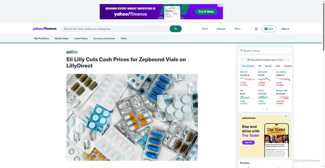 Security scan screenshot of https://nz.finance.yahoo.com/news/eli-lilly-cuts-cash-prices-200911134.html