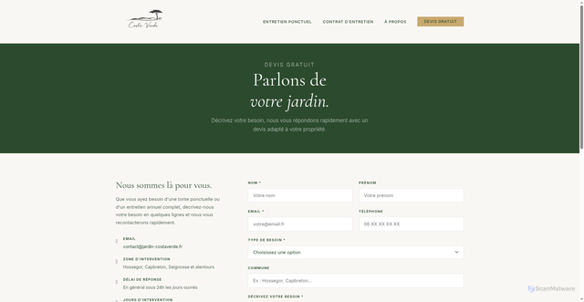 Security scan screenshot of http://jardin-costaverde.fr/contact.html