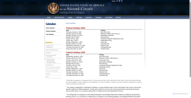 Security scan screenshot of https://www.ca2.uscourts.gov/clerk/calendars/federal_holidays.html