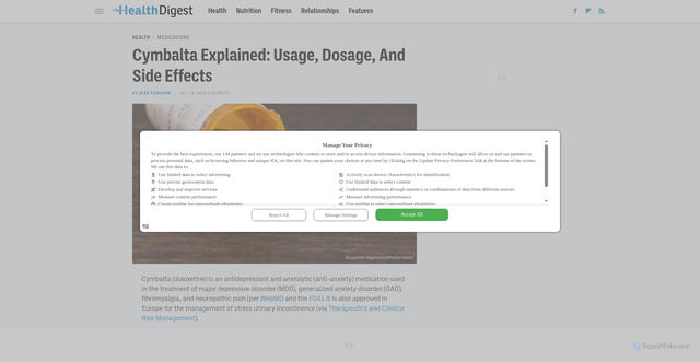 Security scan screenshot of https://www.healthdigest.com/1060359/cymbalta-explained-usage-dosage-and-side-effects/