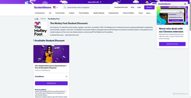 Security scan screenshot of https://www.studentbeans.com/student-discount/us/the-motley-fool
