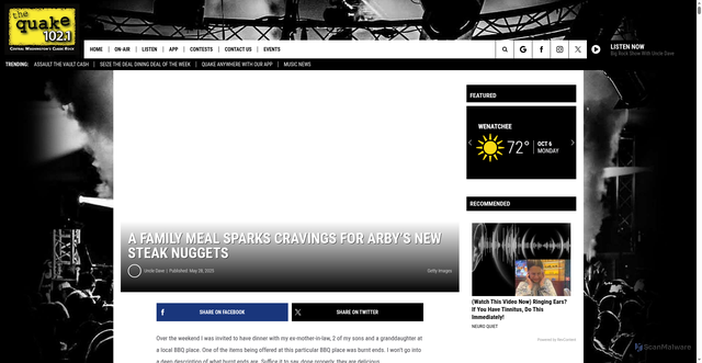 Security scan screenshot of https://thequake1021.com/arbys-beef-nuggets-news/