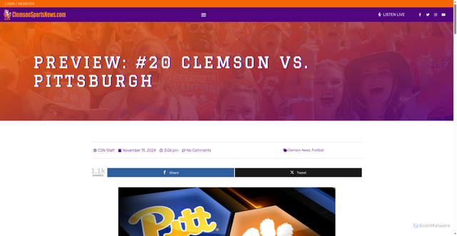 Security scan screenshot of https://clemsonsportsnews.com/preview-20-clemson-vs-pittsburgh/