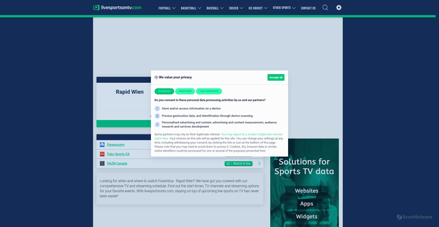 Security scan screenshot of https://www.livesportsontv.com/match/rapid-wien-fiorentina-1784189
