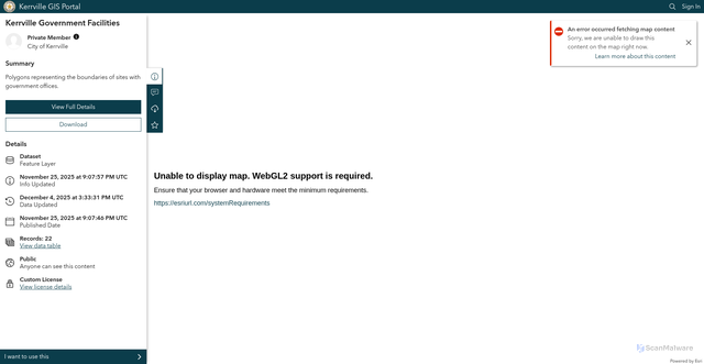 Security scan screenshot of https://gisportal-kerrvilletx.hub.arcgis.com/datasets/kerrville-government-facilities