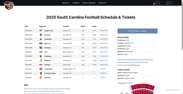 Security scan screenshot of https://thepalmettobowl.com/usc-gamecocks/