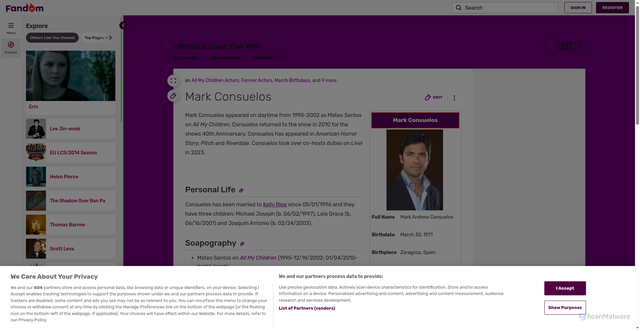 Security scan screenshot of https://ultimatesoapfan.fandom.com/wiki/Mark_Consuelos