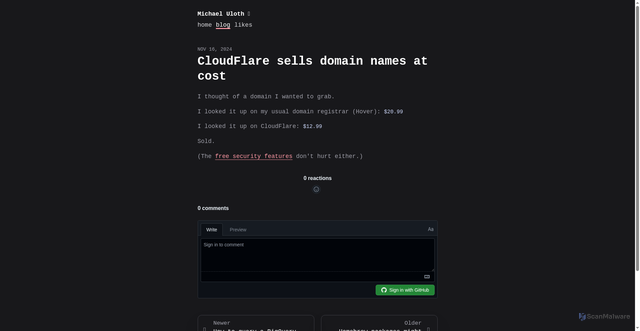 Security scan screenshot of https://michaeluloth.pages.dev/cloudflare-domain-registration-at-cost/