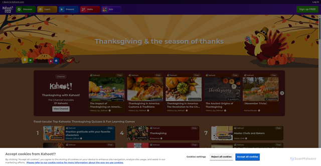 Security scan screenshot of https://create.kahoot.it/page/thanksgiving
