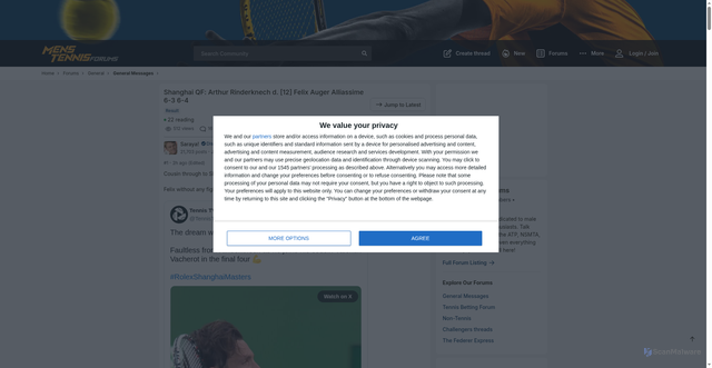 Security scan screenshot of https://www.menstennisforums.com/threads/shanghai-qf-arthur-rinderknech-d-12-felix-auger-alliassime-6-3-6-4.1039254/