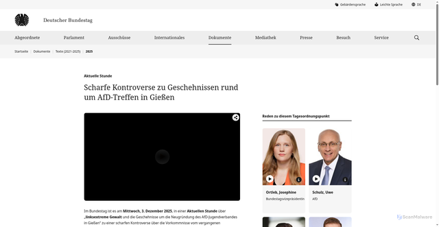 Security scan screenshot of https://www.bundestag.de/dokumente/textarchiv/2025/kw49-de-aktuelle-stunde-linksextremismus-1128694