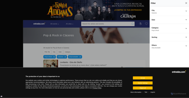 Security scan screenshot of https://www.entradas.com/en/city/caceres-576/conciertos-y-festivales-85/pop-rock-1233/