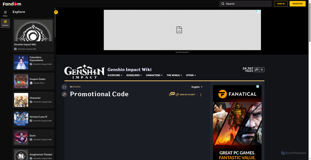 Security scan screenshot of https://genshin-impact.fandom.com/wiki/Promotional_Code