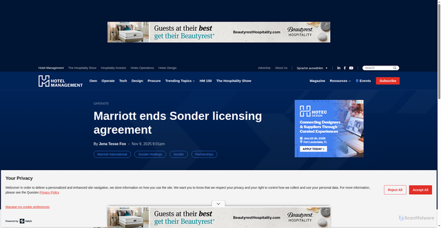Security scan screenshot of https://www.hotelmanagement.net/operate/marriott-ends-sonder-licensing-agreement