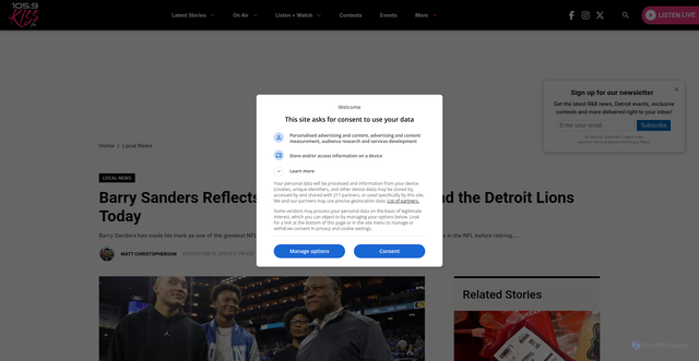 Security scan screenshot of https://kissfmdetroit.com/2025/02/25/barry-sanders-reflects-on-nfl-career-legacy-and-the-detroit-lions-today/