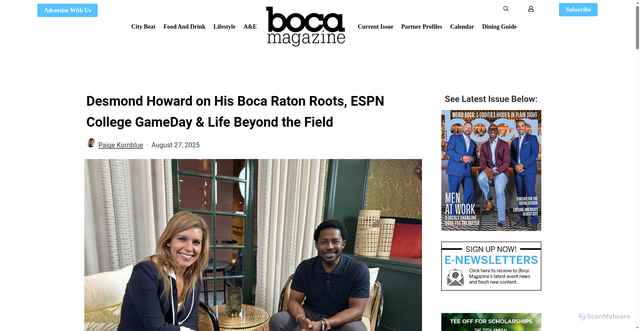 Security scan screenshot of https://bocamag.com/desmond-howard-on-his-boca-raton-roots-espn-college-gameday-life-beyond-the-field/