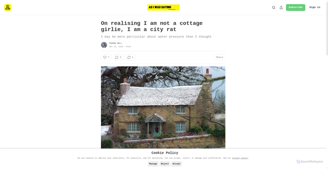Security scan screenshot of https://poornabell.substack.com/p/on-realising-i-am-not-a-cottage-girlie