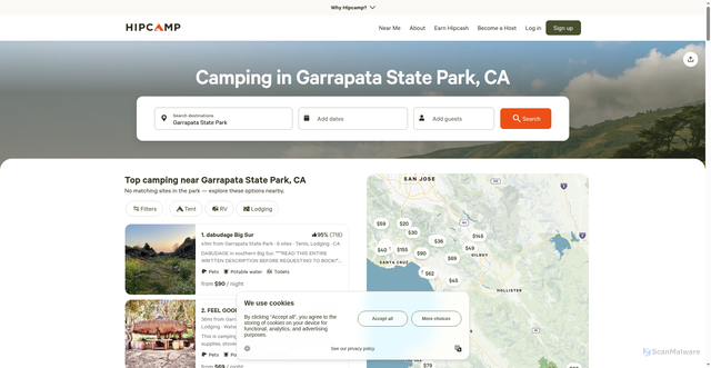 Security scan screenshot of https://www.hipcamp.com/en-US/state-park/united-states/california/garrapata/all