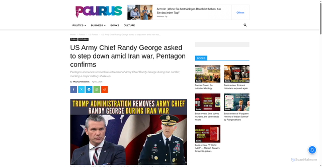 Security scan screenshot of https://www.pgurus.com/us-army-chief-randy-george-asked-to-step-down-amid-iran-war-pentagon-confirms/