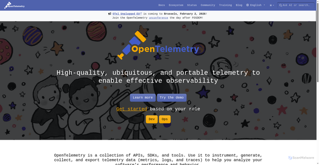Security scan screenshot of https://opentelemetry.io
