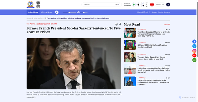 Security scan screenshot of https://www.newsonair.gov.in/former-french-president-nicolas-sarkozy-sentenced-to-five-years-in-prison/