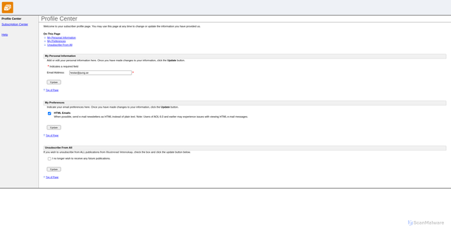 Security scan screenshot of https://click.emails.bonnierpublications.com/profile_center.aspx?qs=ABB7InYiOjEsImQiOjQ5ODN9ADIAAAAAAaIMTUNpHQl4nKRY4nac4xWD1BcLD2sVjUocbgWpM5hA_X9XjfyVVZG6CbbiVvBPAxLxM1aD8Jhizm2kHQmw6V91AoUARwEeyXh2hqk_OHH6uDCKQ1cu