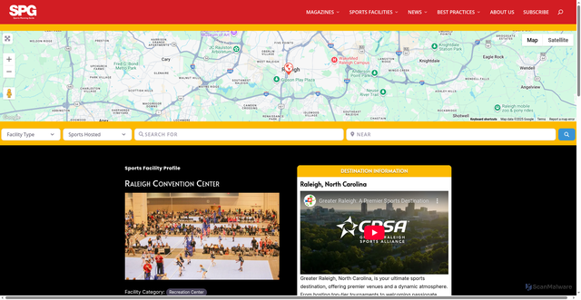Security scan screenshot of https://sportsplanningguide.com/facility/raleigh-convention-center/