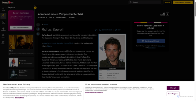 Security scan screenshot of https://abrahamlincolnvampirehunter.fandom.com/wiki/Rufus_Sewell