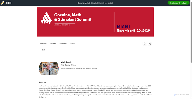 Security scan screenshot of https://cocainemethstimulantsummit2019.sched.com/speaker/mark_lamb.1zmth295