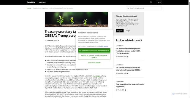 Security scan screenshot of https://www.taxathand.com/article/40738/United-States/2025/Treasury-secretary-talks-funding-for-OBBBAs-Trump-accounts