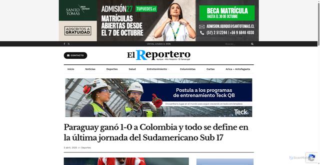 Security scan screenshot of https://elreporterodeiquique.com/paraguay-gano-1-0-a-colombia-y-todo-se-define-en-la-ultima-jornada-del-sudamericano-sub-17/