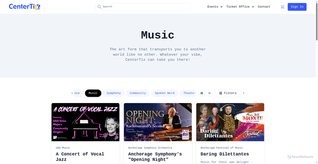 Security scan screenshot of https://centertix.com/events/genres/music