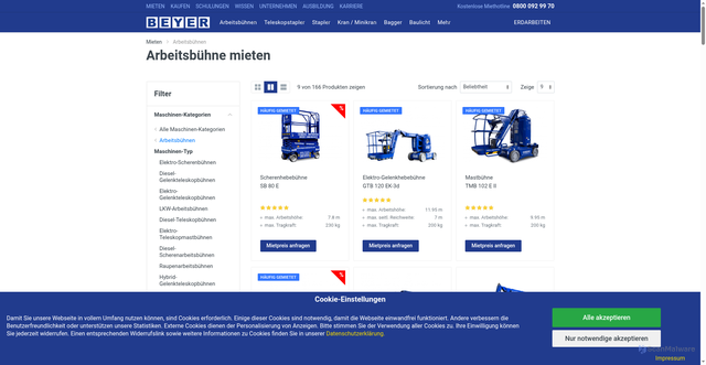 Security scan screenshot of https://www.beyer-mietservice.de/mieten/arbeitsbuehnen?utm_source=sem&utm_medium=cpc&utm_campaign=SEMY040001&msclkid=cd8e2a189a9d1e1254d643caf41a8ba8
