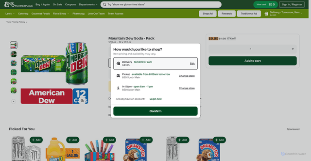 Security scan screenshot of https://shop.leesmarketplace.com/store/lees-marketplace/products/16751853-mtn-dew-soda-citrus-12-fl-oz