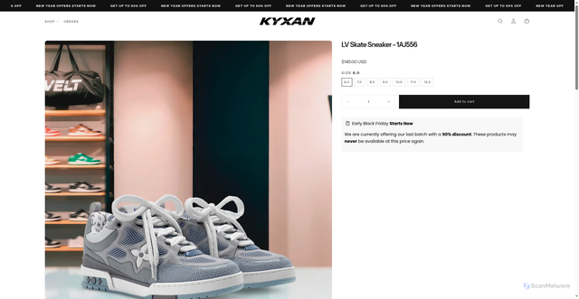 Security scan screenshot of https://kyxanclub.com/products/lv-skate-sneaker-1aj556?variant=47123061899429
