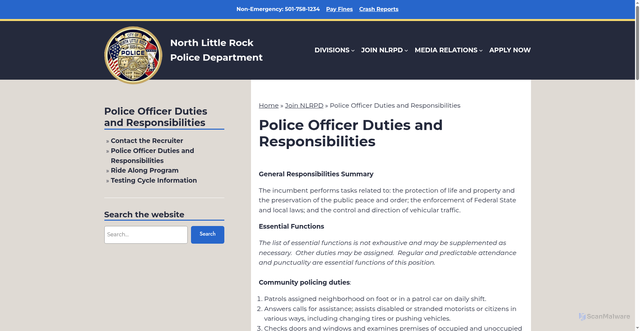 Security scan screenshot of https://nlrpolice.org/recruiting/police-officer-duties-and-responsibilities/