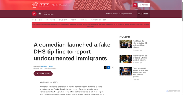 Security scan screenshot of https://www.ualrpublicradio.org/2026-05-04/a-comedian-launched-a-fake-dhs-tip-line-to-report-undocumented-immigrants