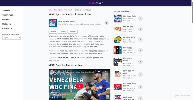Security scan screenshot of https://radiomixer.net/en/usa/wfan