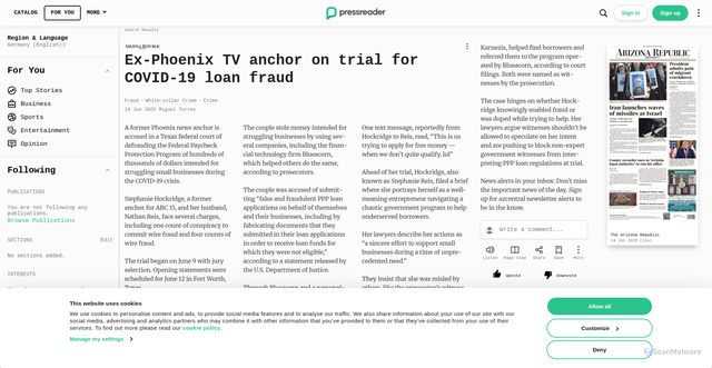 Security scan screenshot of https://www.pressreader.com/usa/the-arizona-republic/20250614/281724095512584?srsltid=AfmBOoqLLIAWb_KUxjUWst6ZHWrITvCv6_kSh9Qr8uPaikV2m1MexZk5