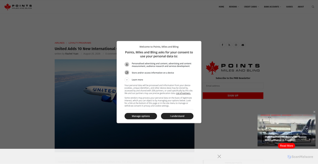 Security scan screenshot of https://pointsmilesandbling.com/new-united-airlines-routes/