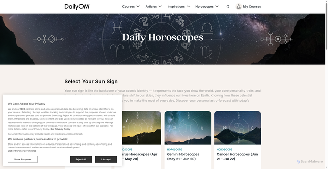 Security scan screenshot of https://www.dailyom.com/horoscopes/