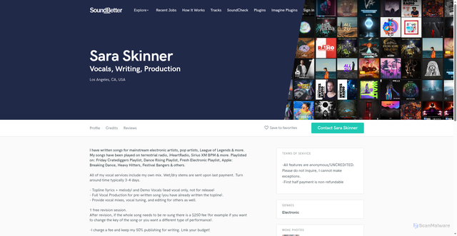 Security scan screenshot of https://soundbetter.com/profiles/208601-sara-skinner