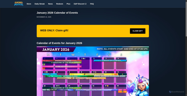 Security scan screenshot of https://www.empiresandpuzzles.com/news/january-2026-calendar-of-events