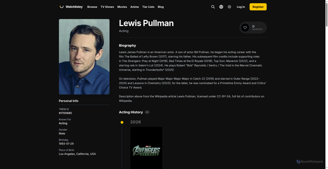 Security scan screenshot of https://www.watchlistey.com/person/lewis-pullman