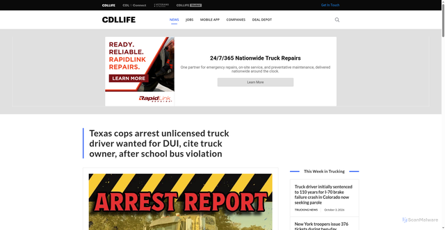 Security scan screenshot of https://cdllife.com/2026/texas-cops-arrest-unlicensed-truck-driver-wanted-for-dui-cite-truck-owner-after-school-bus-violation/